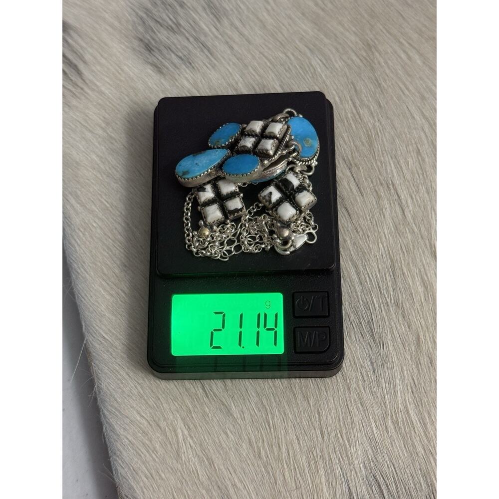 Sterling Silver Blue Kingman Turquoise White Buffalo Nugget Cluster Necklace 21” - Picture 10 of 16